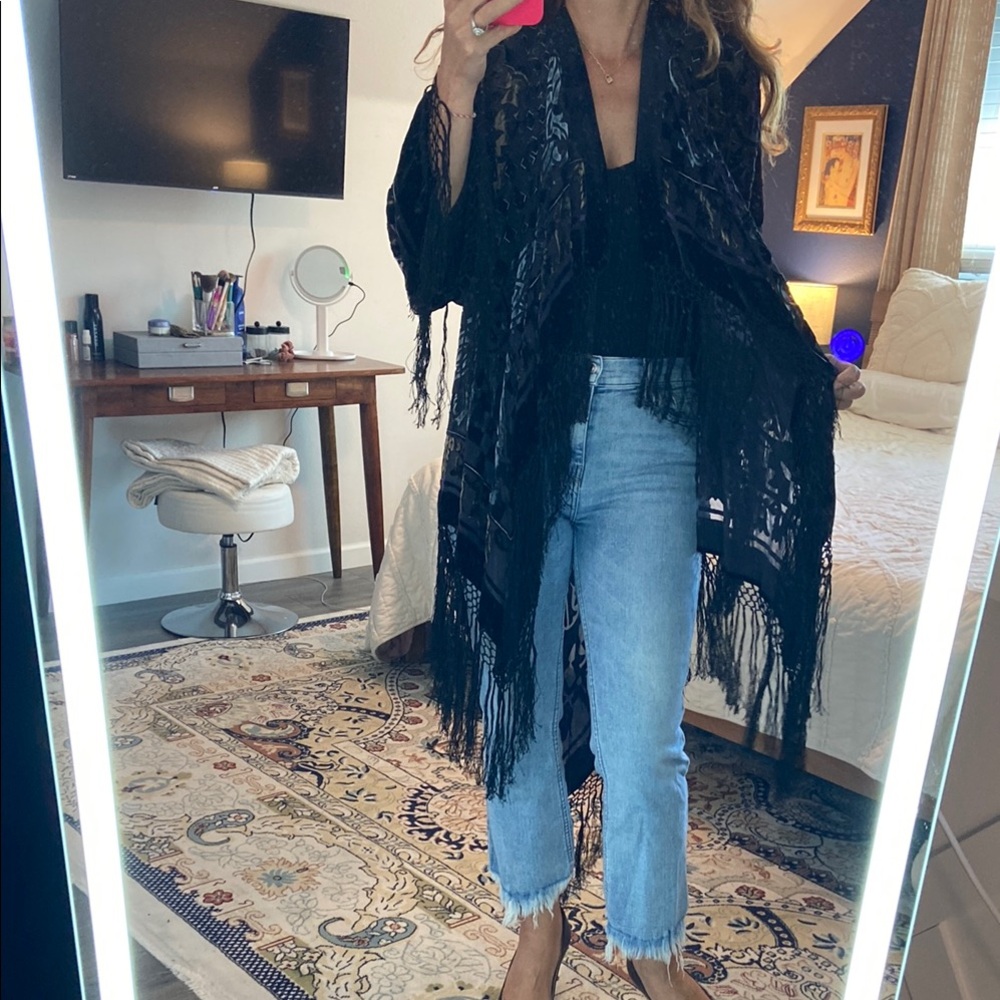 Boston Proper Black Fringe Kimono Shrug